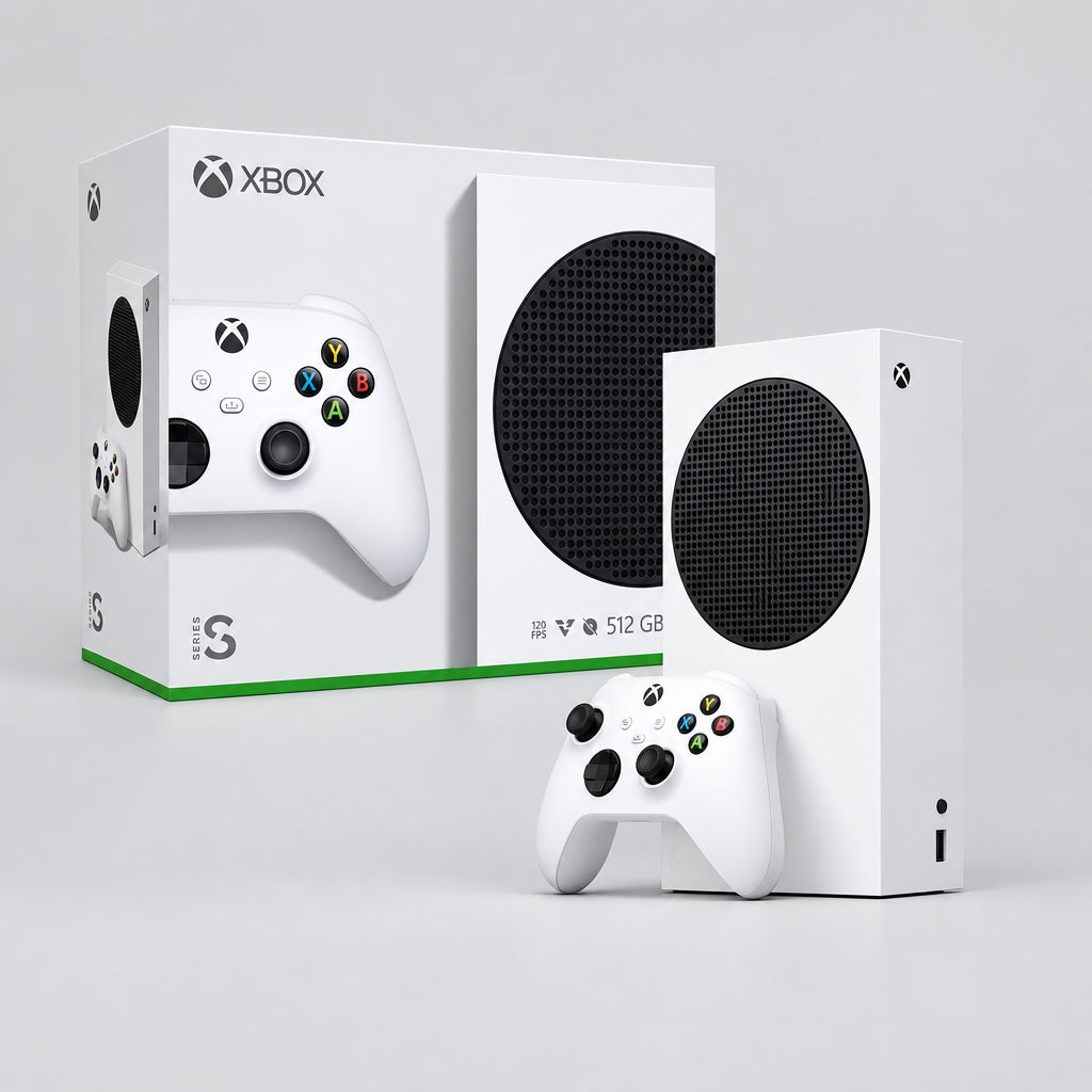 Consola Xbox Series S blanca con rejilla negra y mando blanco, en su caja