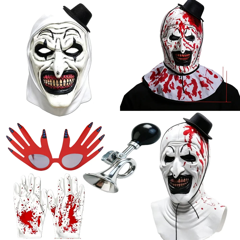    Disfraz de Art The Clown, Máscara, Tocado, Gafas y Accesorios de Terror con Manchas de Sangre  Accesorios para disfraces de Halloween con cuernos