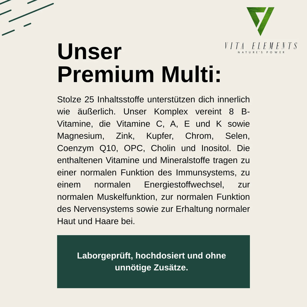 Cápsulas multivitamínicas de primera calidad |     Probado en laboratorio en Alemania |     Suplementos alimenticios |     Con vitaminas, zinc y selenio |     Con 15 nutrientes |     Libre de modificaciones genéticas |