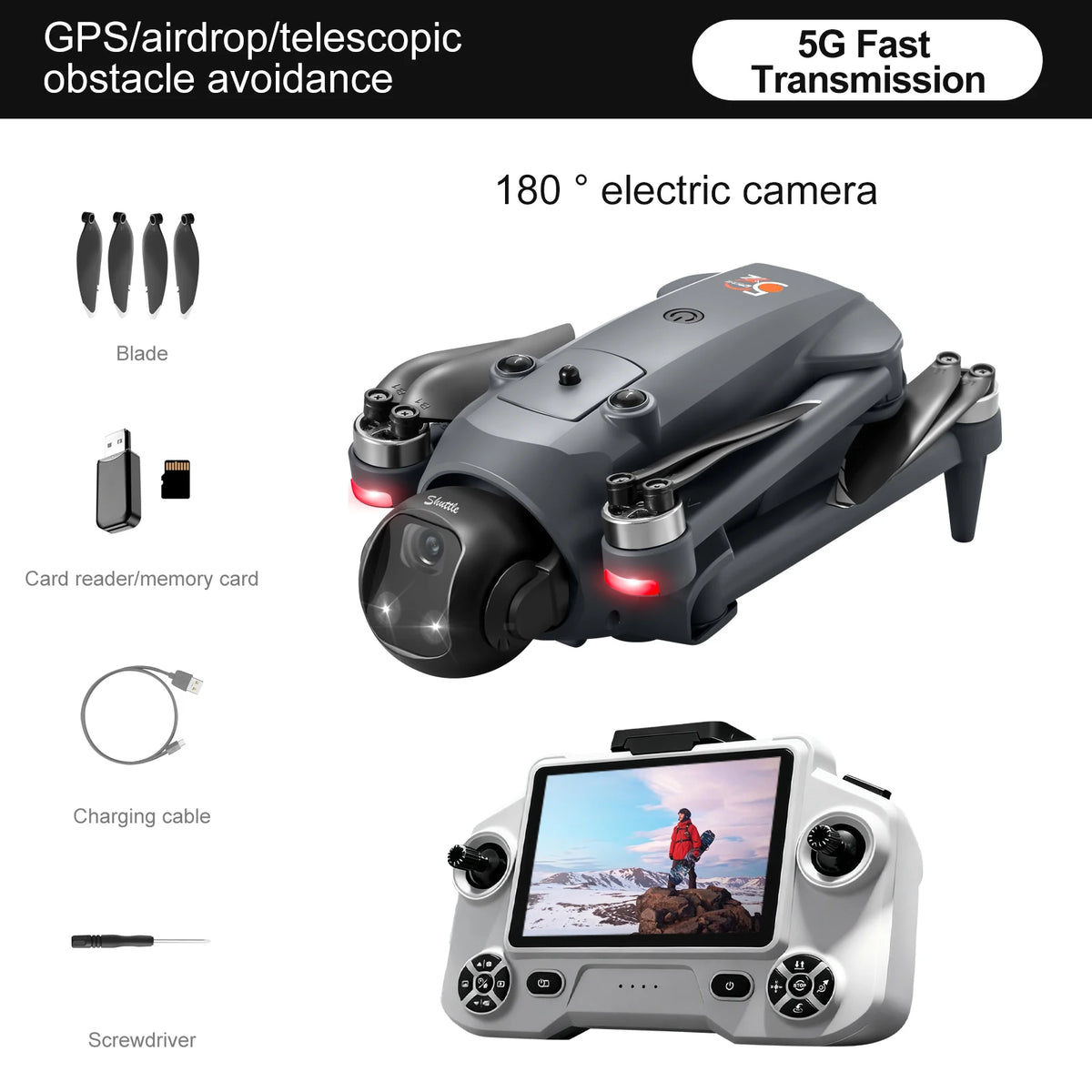 Drone GPS plegable gris con cámara 180° y control remoto con pantalla y hélices