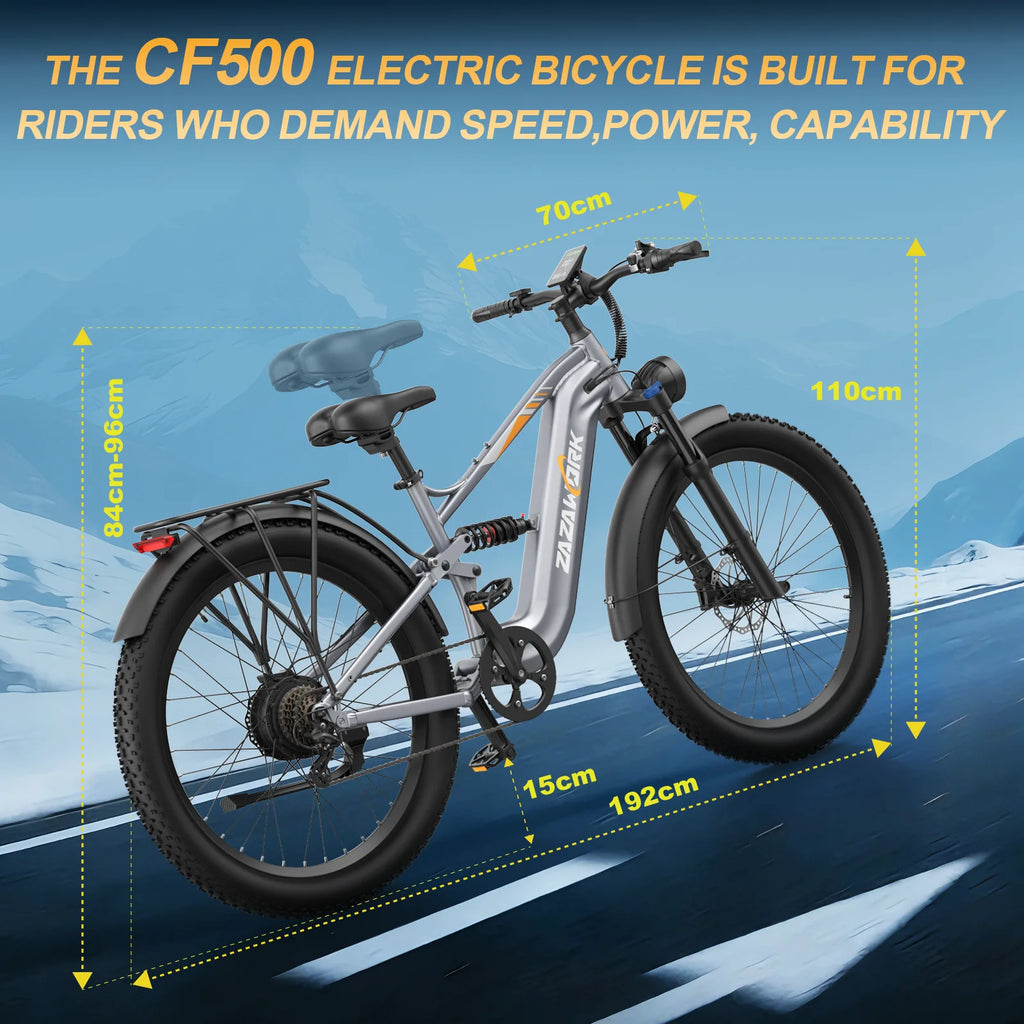 ZAZAWORK CF500 27.5' Fat Tire Full Suspension Electric Bike 250W 48V 20Ah Battery 7-Speed Hydraulic Disc Brake Up to 120km Range All-Terrain Commuter CE Certified