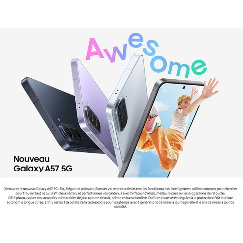Smartphone Samsung Galaxy A57 5G con IA, pantalla Super AMOLED de 6,7" a 120 Hz, batería de 5000 mAh, carga rápida de 25 W, procesador Exynos 1680, cámara gran angular de 50 MP, IP68 y NFC.