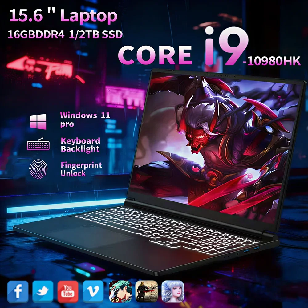 Portátil 2026 con Desbloqueo por Huella Dactilar, Pantalla de 15.6', Intel Core I9-10980HK, Windows 11 Pro, 16GB DDR4, 1TB SSD, para Juegos