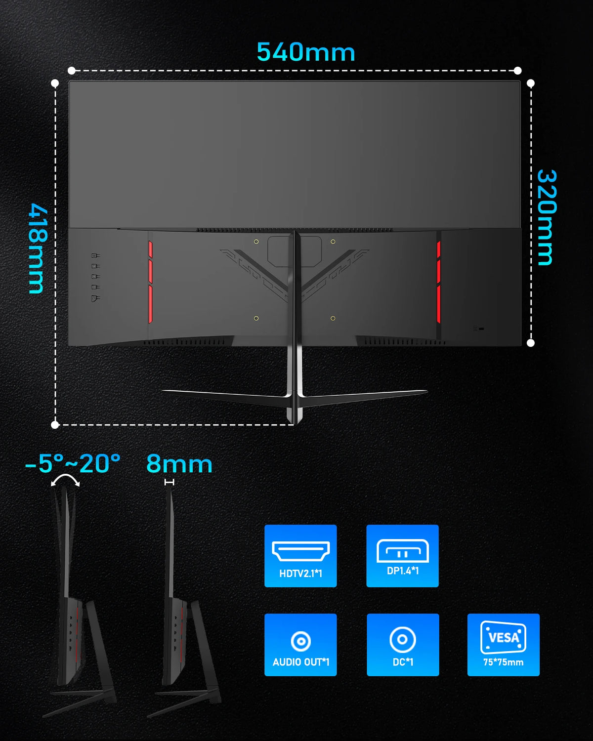 FYHXele Monitor para juegos de 24 pulgadas, 180Hz, pantalla de ordenador 1K FHD, tiempo de respuesta de 1ms, pantalla LCD para el cuidado de los ojos, compatible con HDR G-Sync VESA