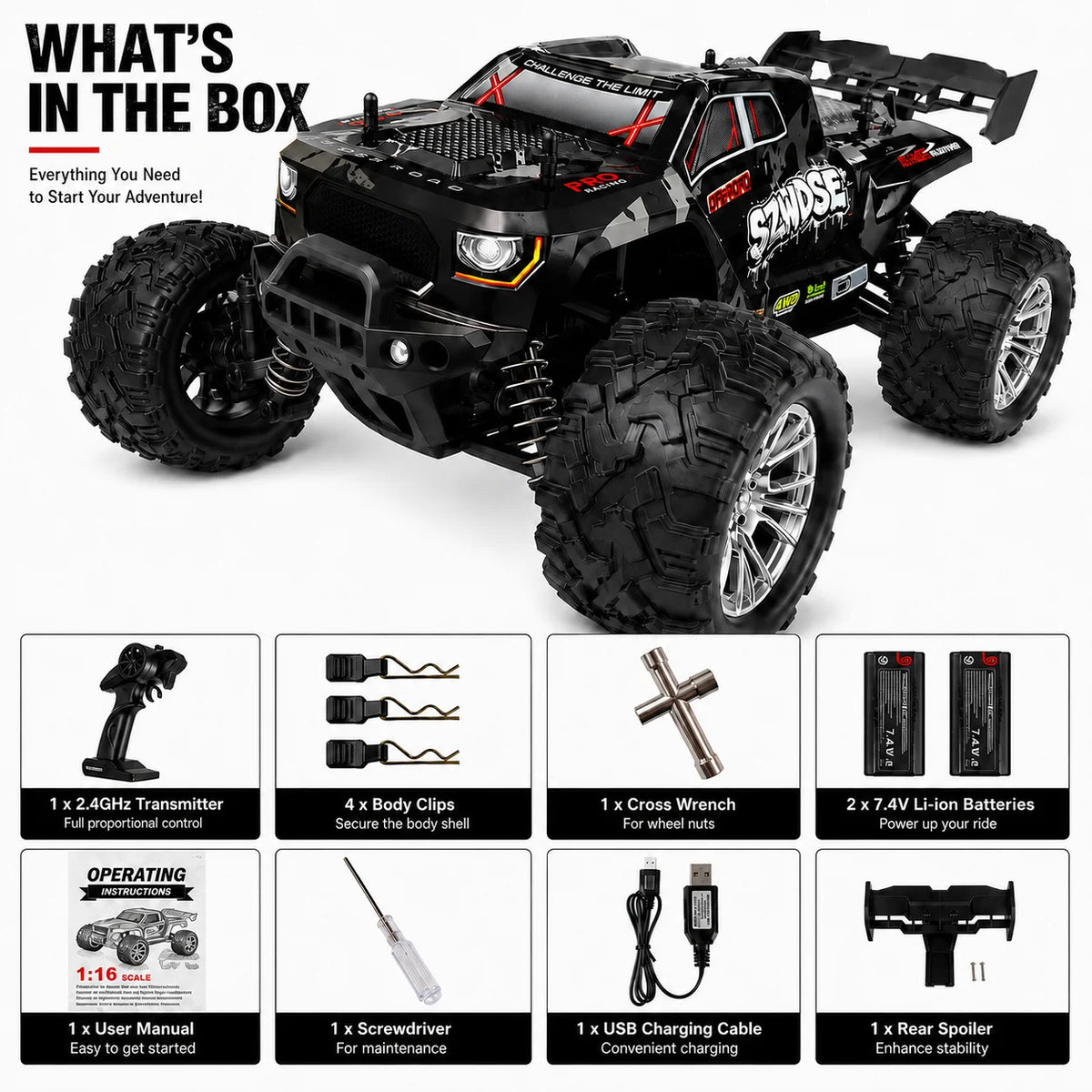 SZWDSE 1:16 4WD RC Car, 35 km/h High Speed, 2.4GHz 80m Anti-Interference Remote Control, Dual 7.4V 1500mAh Batteries for 32 minutes of run time, Splash-Resistant, Independent Suspension with Metal Shock Absorbers, Off-Road Ti