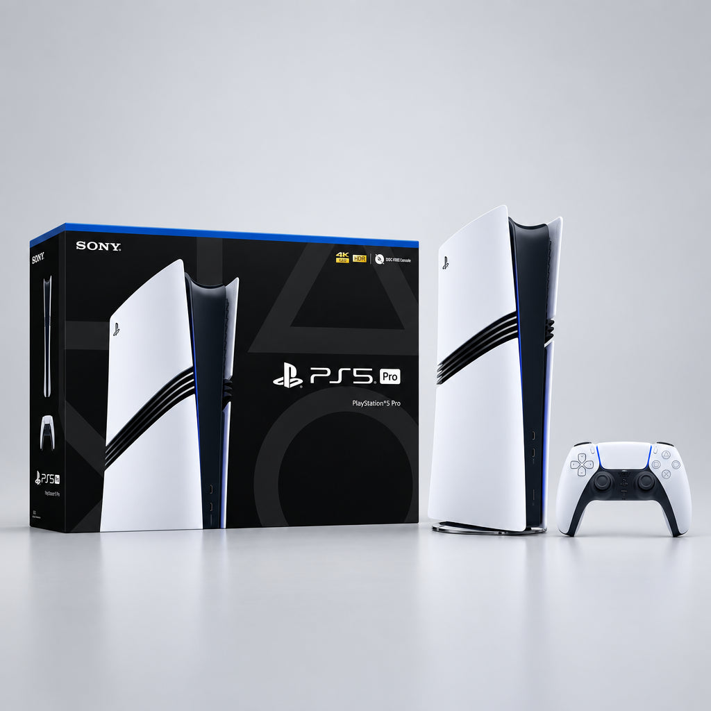 Consola PS5 Pro con control inalámbrico y caja, edición blanca y negra, vista frontal.