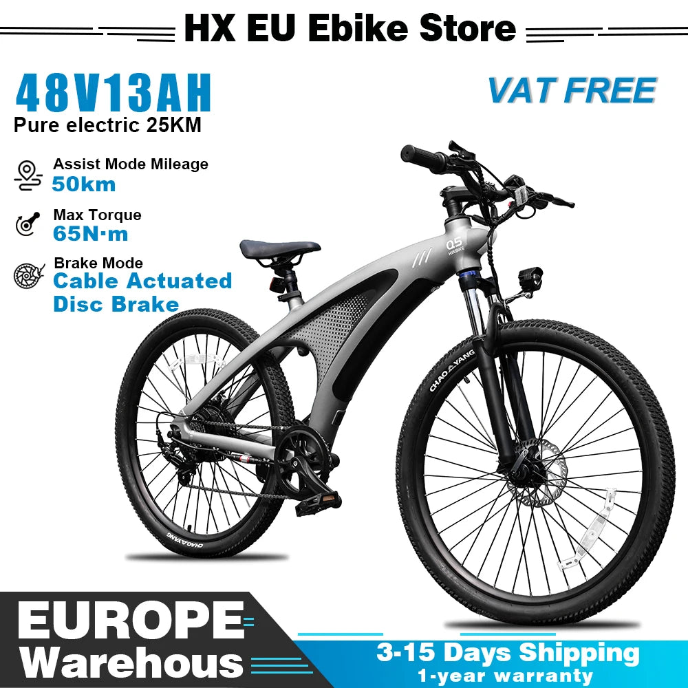 Bicicleta eléctrica HX Q5 con cuadro Shark de 27.5'', bicicleta de montaña eléctrica de 48V 13Ah, 25 km/h, bicicleta eléctrica para desplazamientos urbanos, frenos de doble disco, e-bike