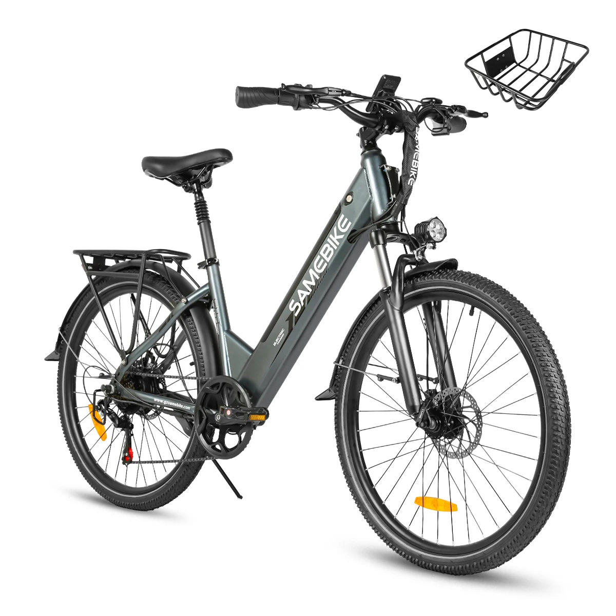 Bicicleta eléctrica SAMEBIKE RS-A01PRO-T de 26 pulgadas, batería de 36V 15Ah, doble suspensión, frenos de disco mecánicos, cesta delantera, portaequipajes trasero, bicicleta eléctrica urbana para adultos
