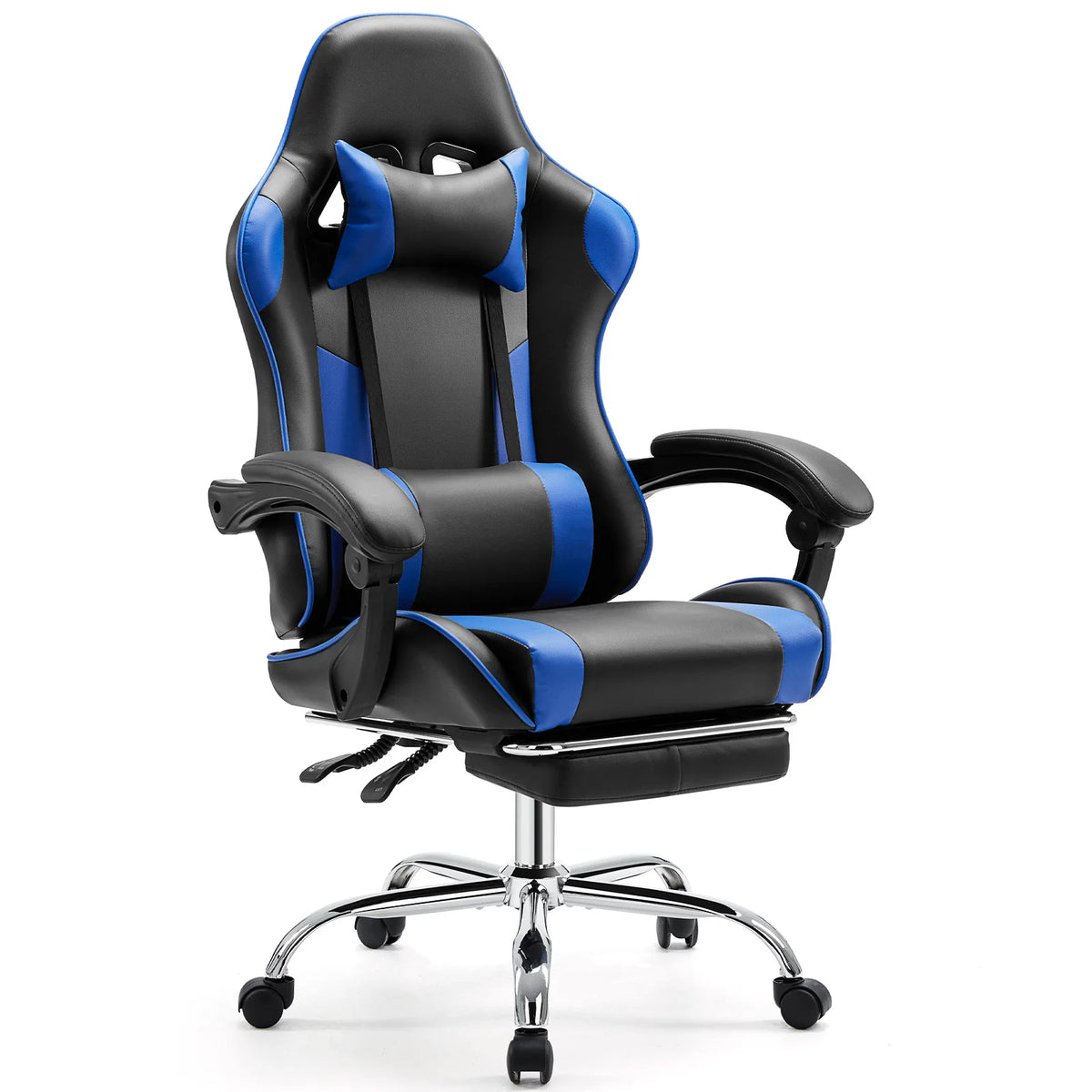 Silla gamer ergonómica negra y azul con reposacabezas, soporte lumbar y base giratoria