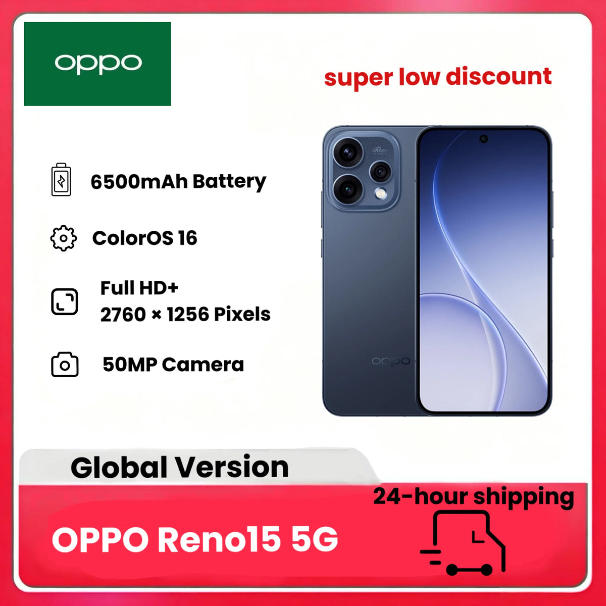 Smartphone OPPO Reno15 5G Android, 8+512GB, pantalla de 6.59" 120Hz, cámara selfie ultra gran angular de 50MP, teleobjetivo 3.5x Vibe Portrait | ColorOS 16, AI Portrait Glow, batería de 6500mAh, IP69, cargador no incluido