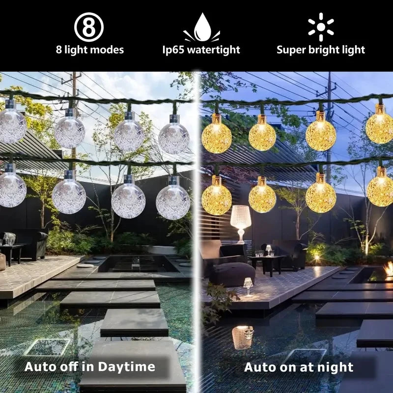 Guirnalda de luces solares de bolas de burbujas impermeables de 5m/6.5m, luces de cadena de bolas de cristal para exteriores, decoración de fiestas y jardines