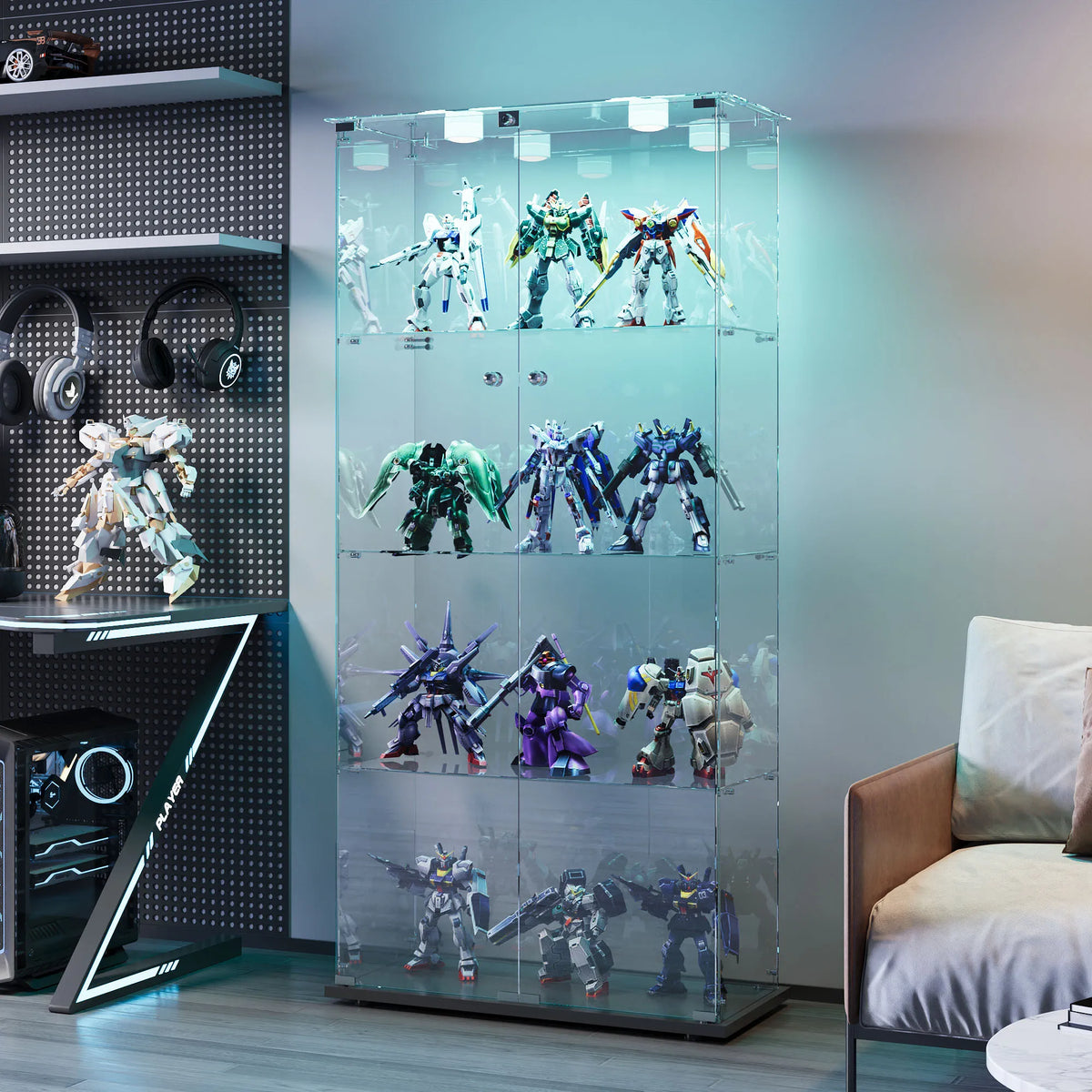 Vitrina de cristal, unidad de almacenamiento de cuatro niveles, puertas dobles con cerradura, iluminación LED, adecuada para salas de estar y dormitorios