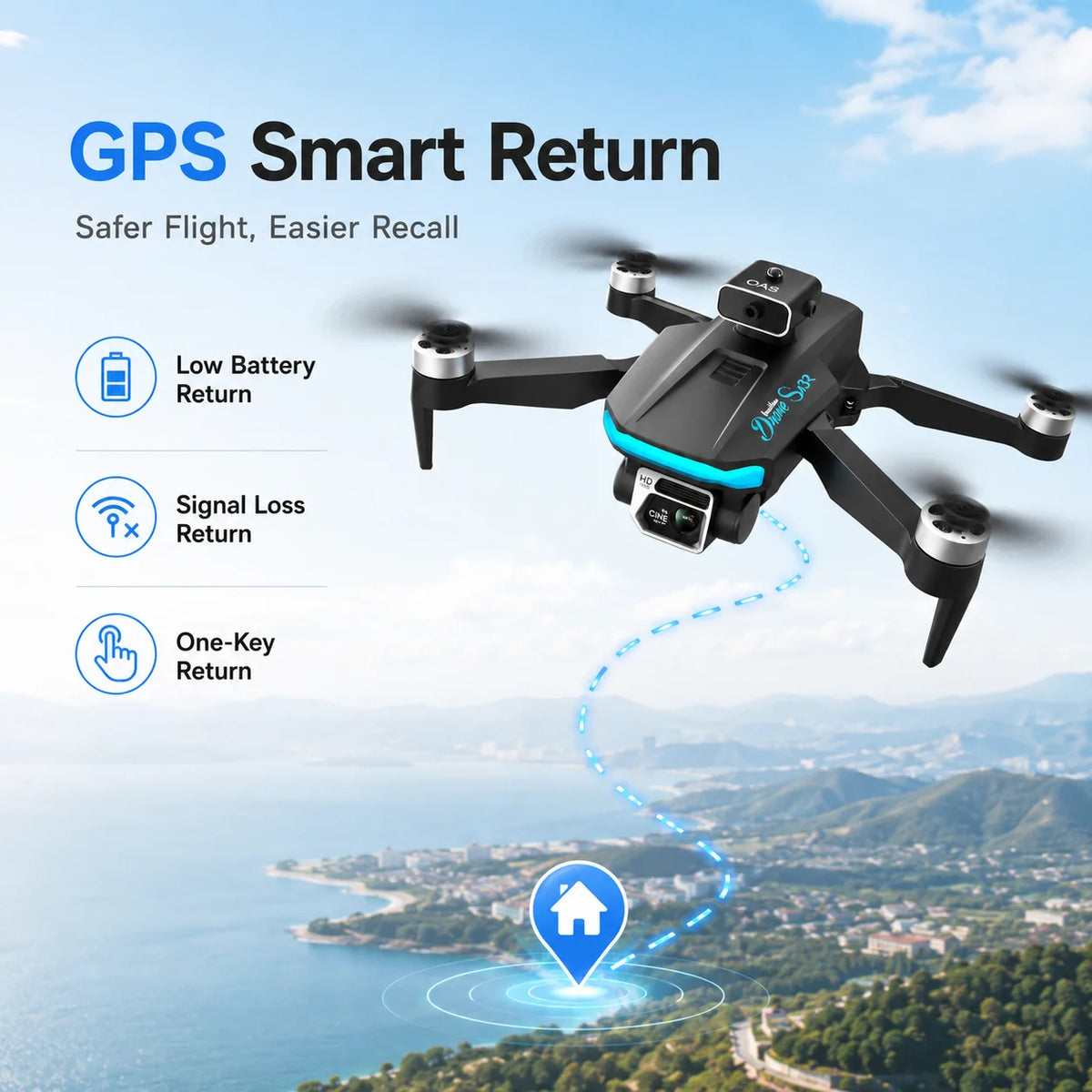 Dron RC negro con doble cámara; trayecto azul sobre el suelo y hélices delanteras