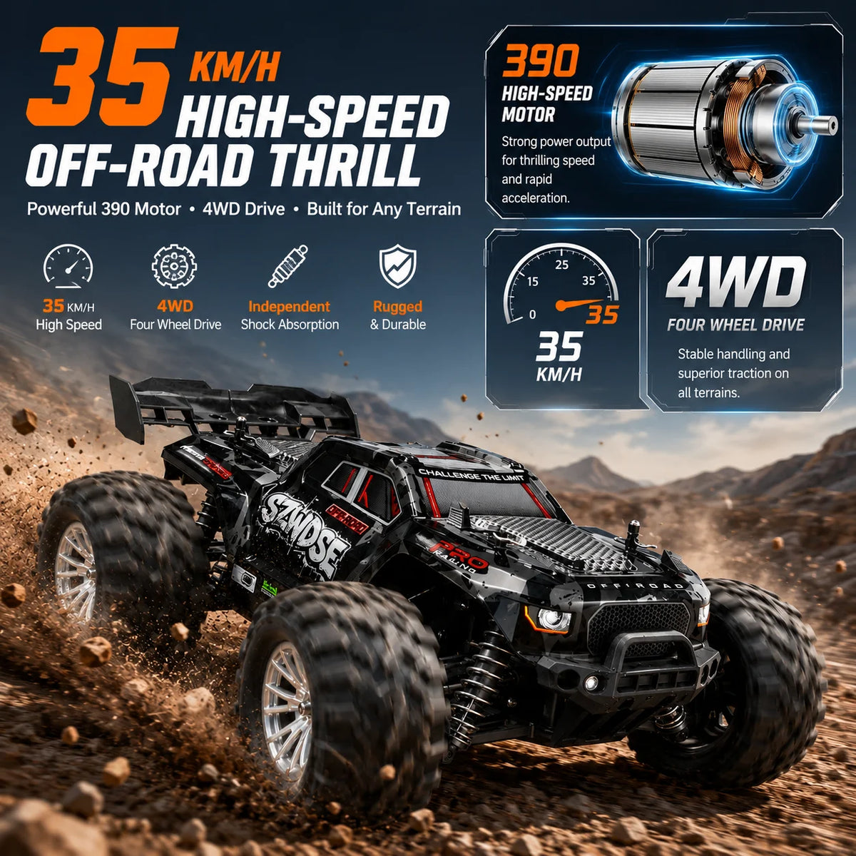 SZWDSE 1:16 4WD RC Car, 35 km/h High Speed, 2.4GHz 80m Anti-Interference Remote Control, Dual 7.4V 1500mAh Batteries for 32 minutes of run time, Splash-Resistant, Independent Suspension with Metal Shock Absorbers, Off-Road Ti