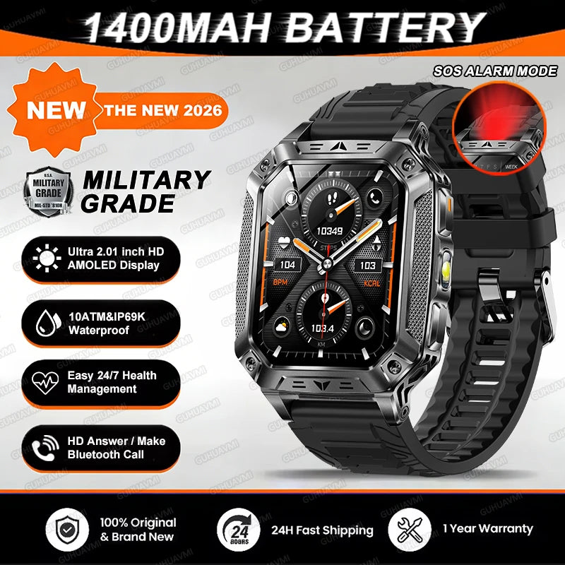 Reloj inteligente militar 2026 TANK, nuevo, 1400 mAh, GPS, pantalla AMOLED de 2.01", resistente al agua 10ATM, reloj, llamada SOS, linterna, para hombre, compatible con iOS