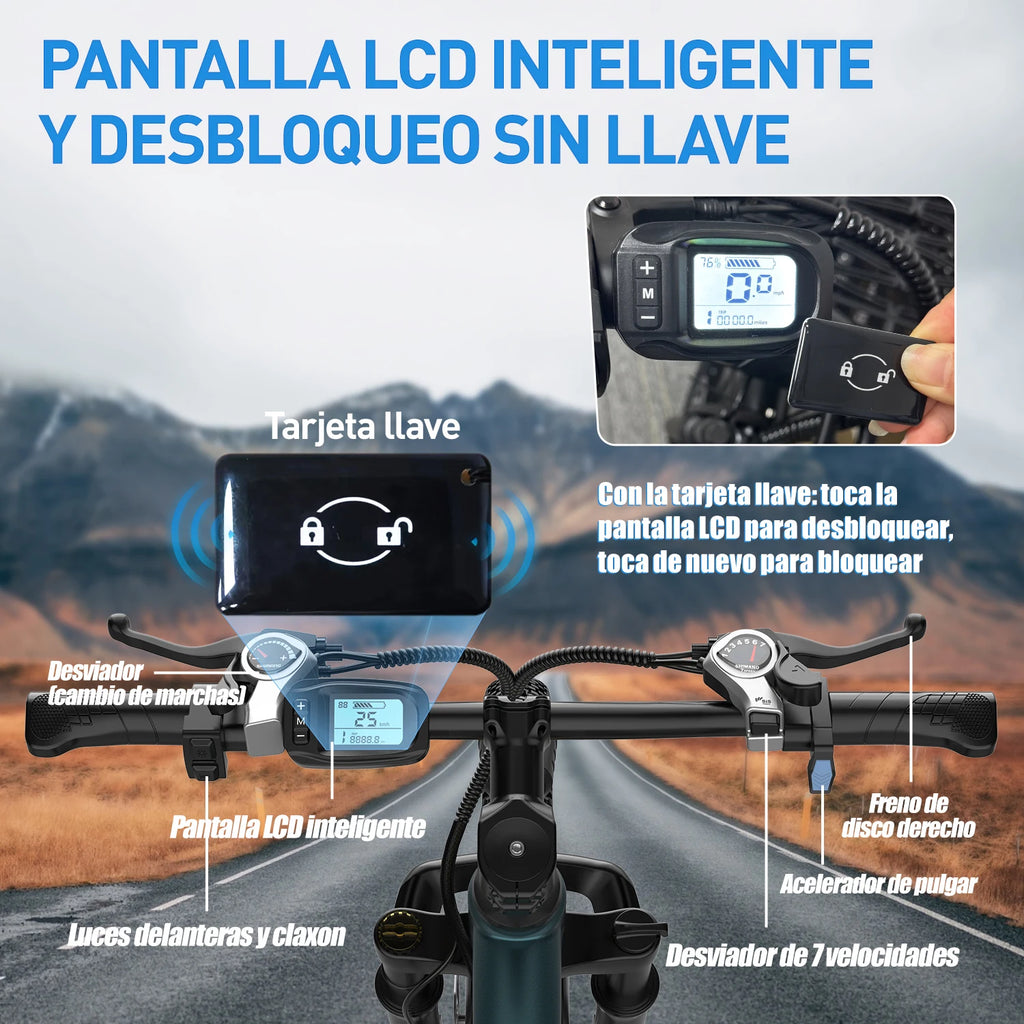 Bicicleta eléctrica de 26" para adultos, batería de 36V 13Ah 468Wh, motor sin escobillas de 250W, 25 km/h con hasta 40 millas de autonomía, transmisión de 21 velocidades, doble suspensión, desbloqueo NFC