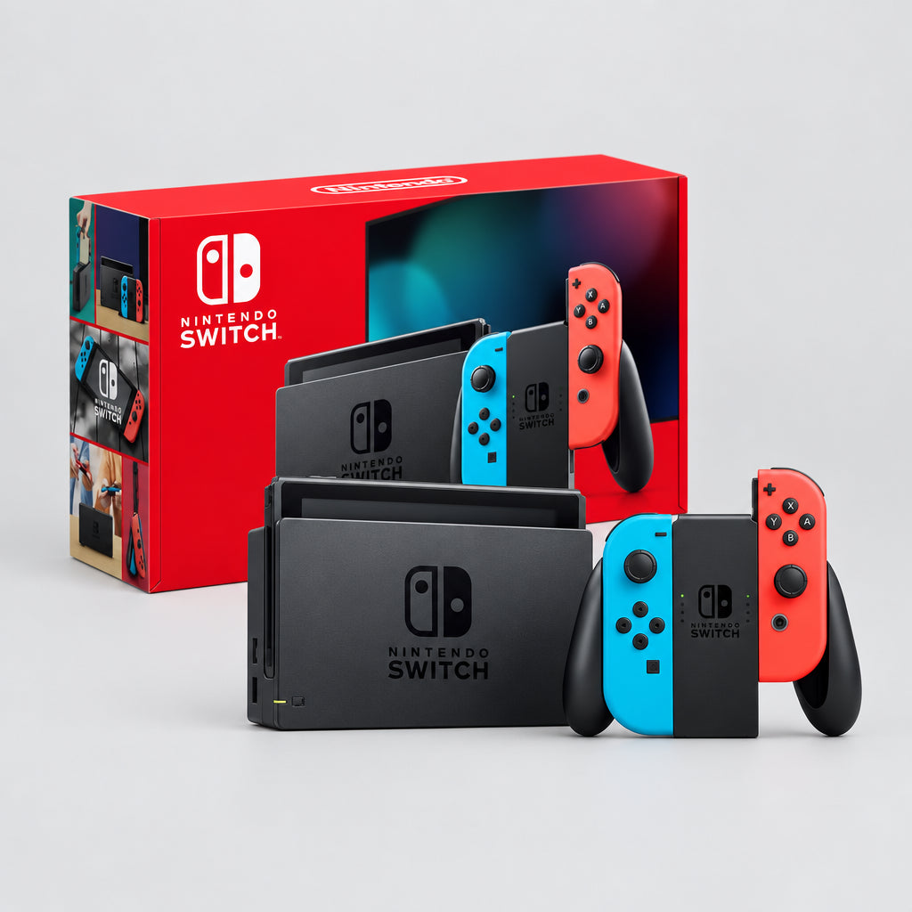 Consola Nintendo Switch con Joy-Con azul neón y rojo neón, con controles y empaque visible