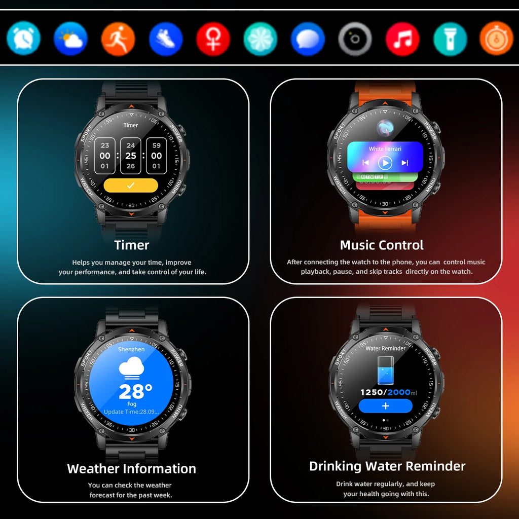 Nuevo reloj inteligente duradero T-rex3 para hombre con batería de 1400mAh, pantalla HD de 1.53", rastreador de actividad física, oxígeno en sangre y linterna LED para Android 2026