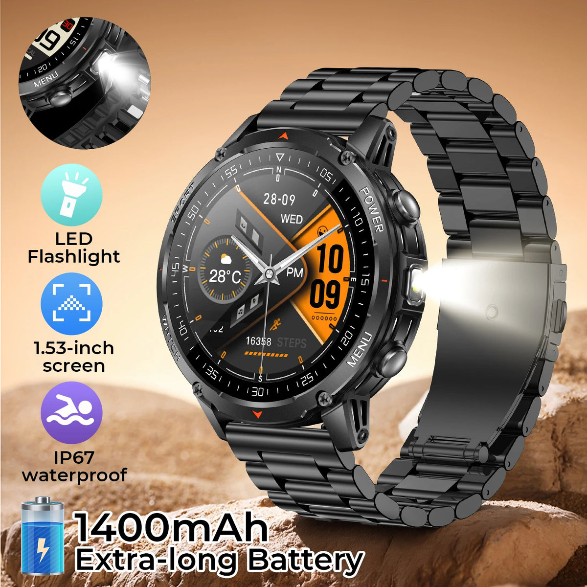 Nuevo reloj inteligente duradero T-rex3 para hombre con batería de 1400mAh, pantalla HD de 1.53", rastreador de actividad física, oxígeno en sangre y linterna LED para Android 2026
