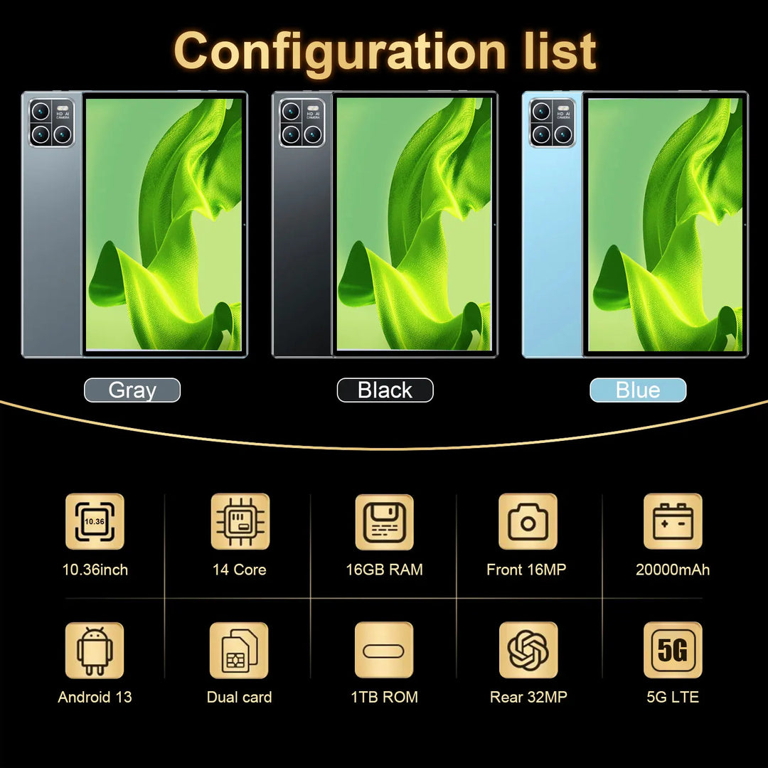 Tablet Android 13 de 14 núcleos, 16 GB de RAM, 1 TB de ROM, batería de 20000 mAh, cámara de 16 MP y 32 MP, 5G, WiFi, dispositivo portátil para uso diario, aprendizaje, visualización de medios, regalo, 2026