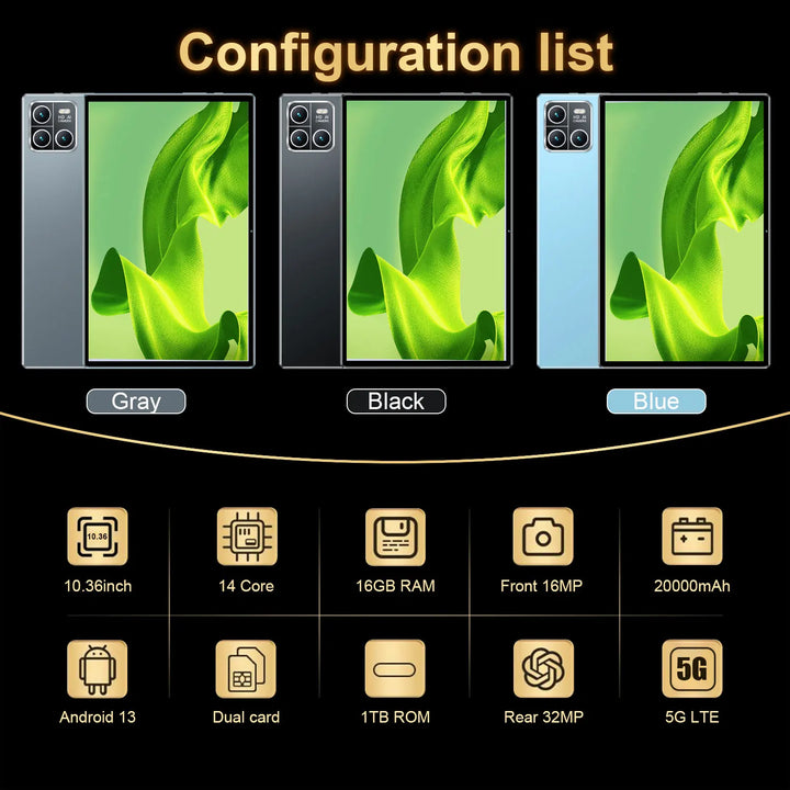 Tablet Android 13 de 14 núcleos, 16 GB de RAM, 1 TB de ROM, batería de 20000 mAh, cámara de 16 MP y 32 MP, 5G, WiFi, dispositivo portátil para uso diario, aprendizaje, visualización de medios, regalo, 2026