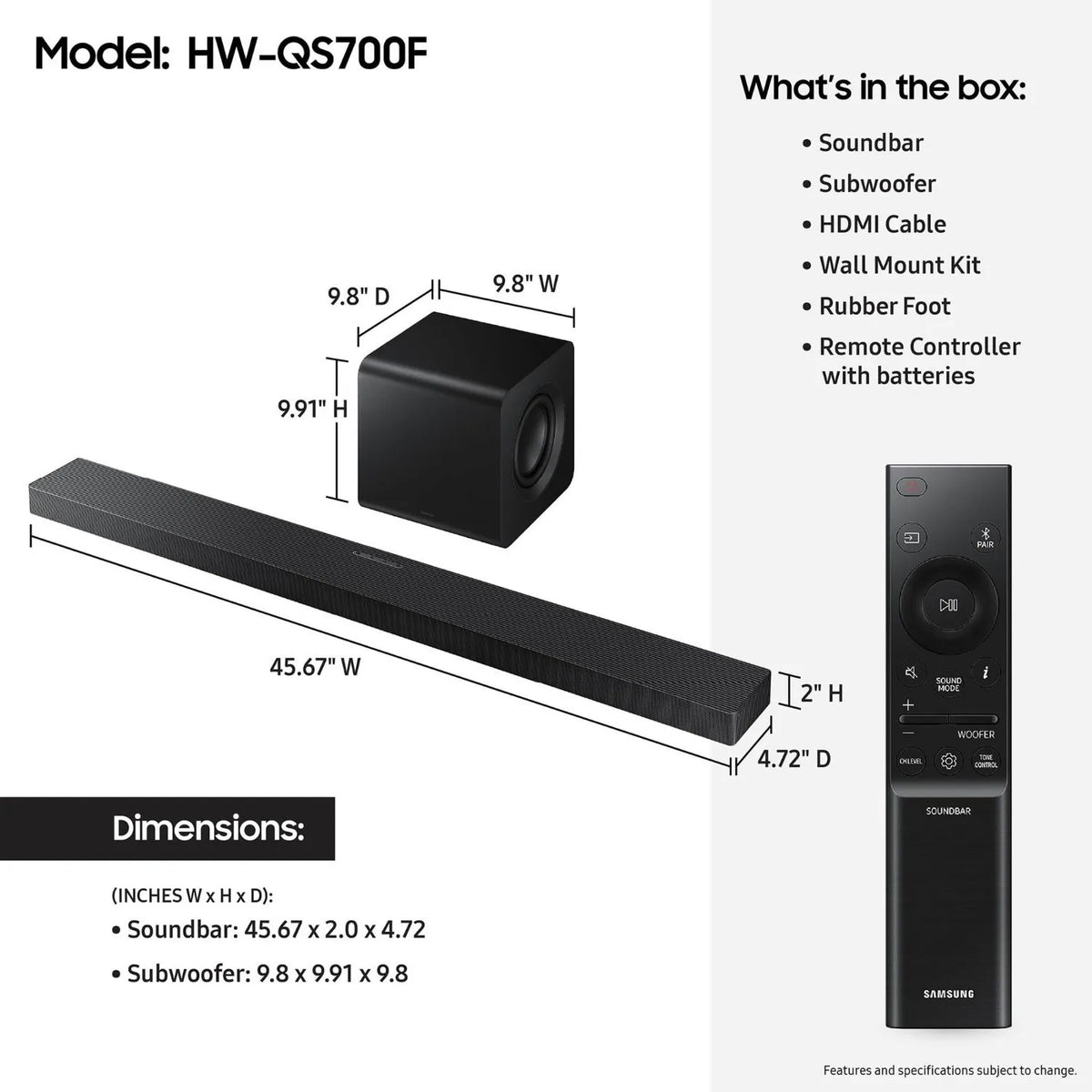 Barra de sonido negra con subwoofer, diagrama de dimensiones y controles.