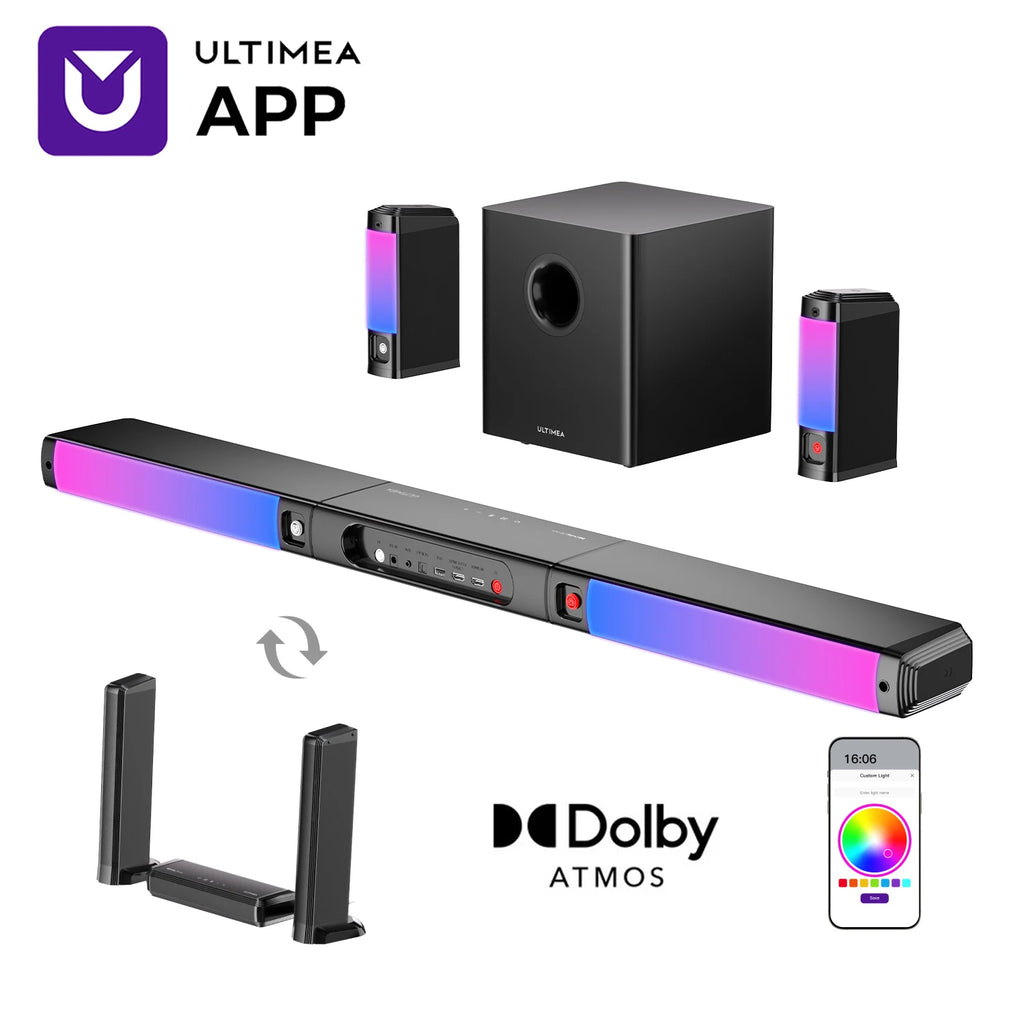 ULTIMEA Apollo S90 Barra de Sonido Desmontable 9.1ch Dolby Atmos, Sistema de Cine en Casa Premium para TV con Subwoofer Inalámbrico, Luz Ambiental RGB, Sonido Envolvente Inmersivo