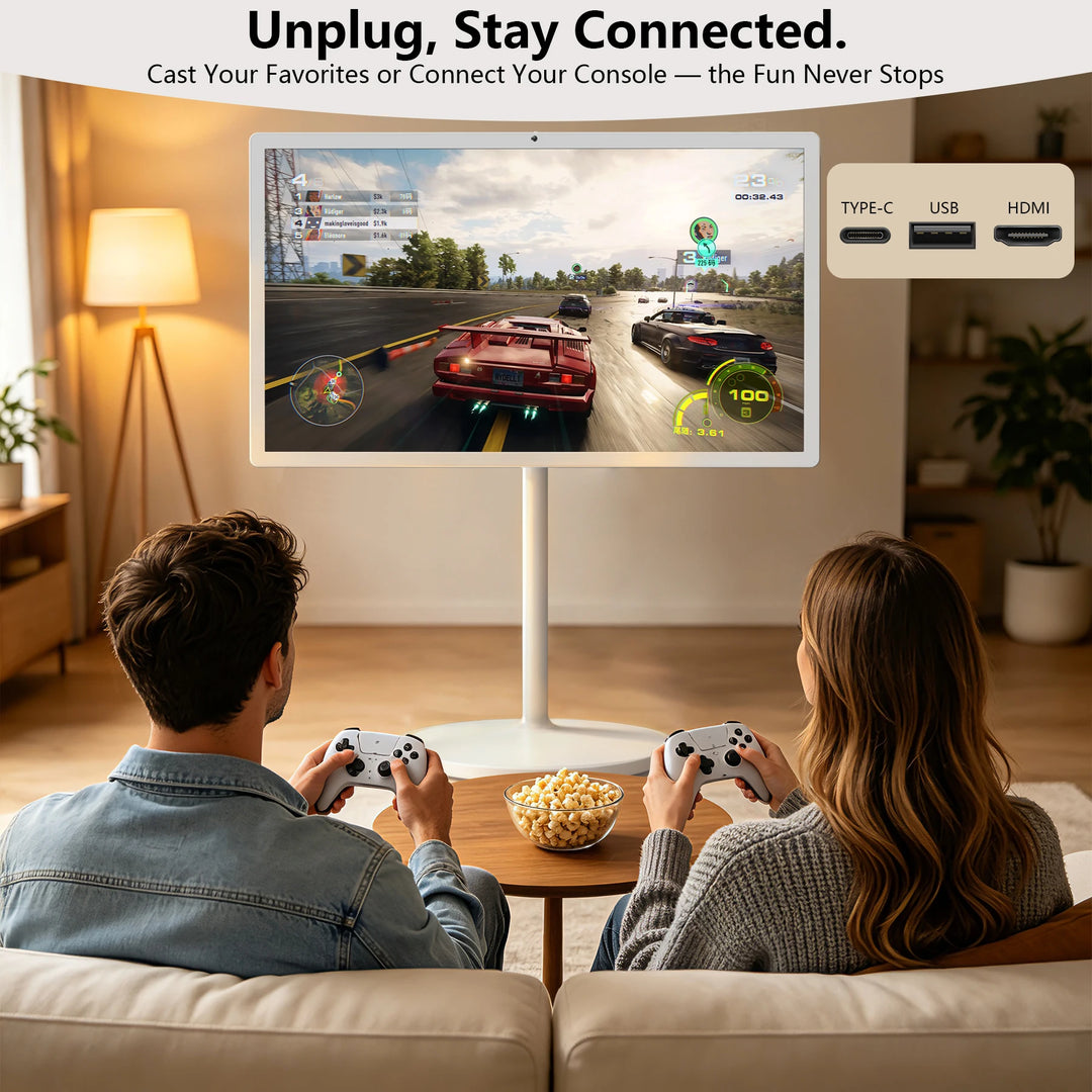 TV Portátil con Pantalla Táctil Inteligente de 32" con Soporte Giratorio, Batería de 8000 mAh, Altura Ajustable, Altavoz de 10W*4, Cámara de 13MP, Wifi 5, Android 15, Certificado por Google, 1080P FHD, Soporte de Altura A