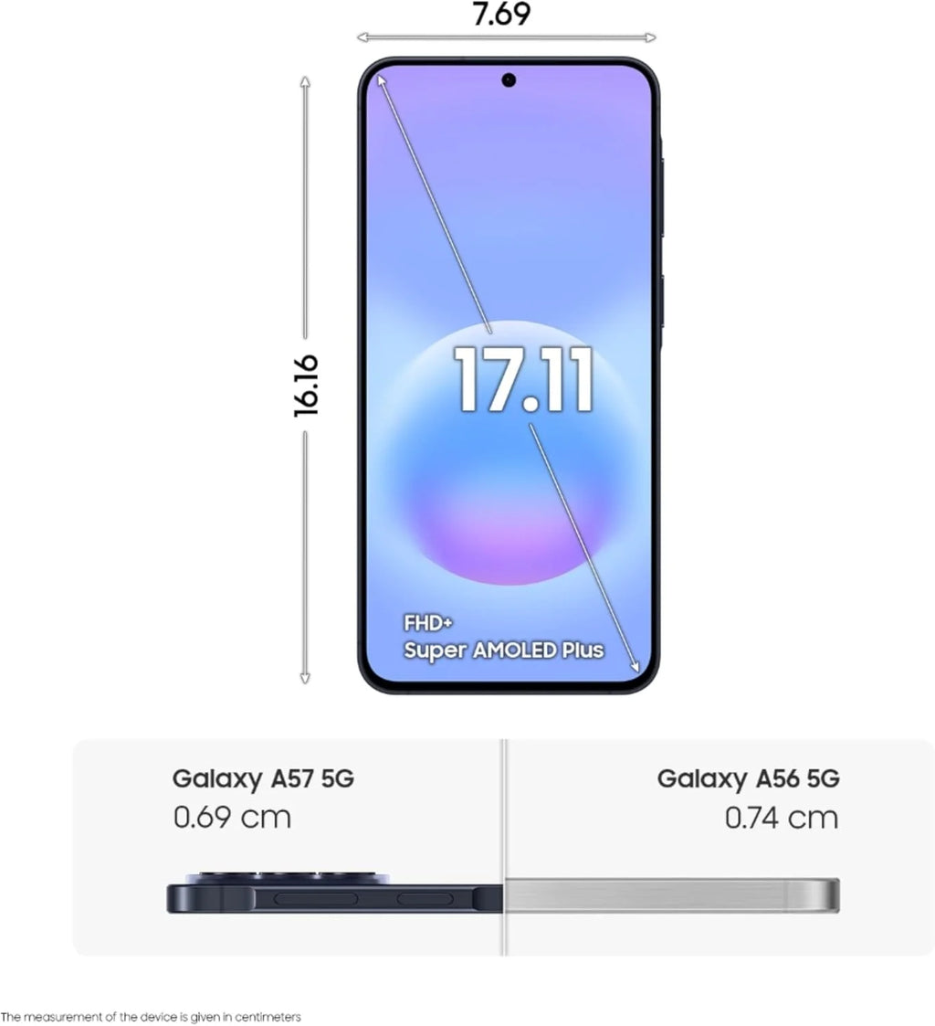 Smartphone Samsung Galaxy A57 5G con IA, pantalla Super AMOLED de 6,7" a 120 Hz, batería de 5000 mAh, carga rápida de 25 W, procesador Exynos 1680, cámara gran angular de 50 MP, IP68 y NFC.