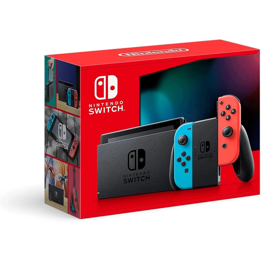 Consola Nintendo Switch con Joy-Con azul neón y rojo neón, presentada en empaque rojo