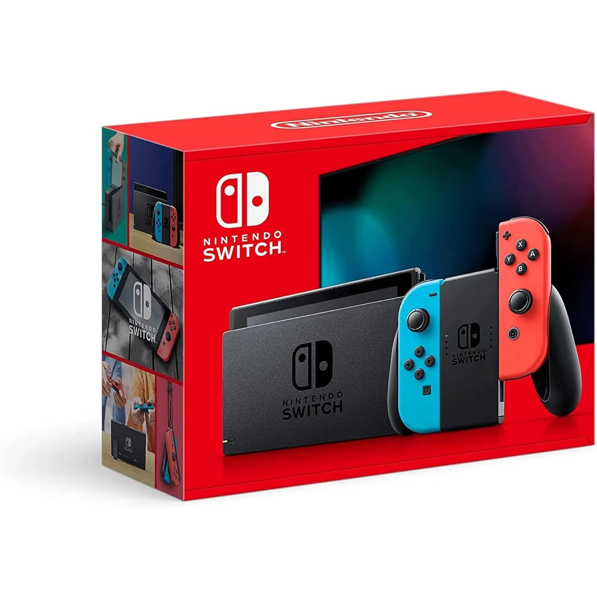 Consola Nintendo Switch con Joy-Con azul neón y rojo neón, presentada en empaque rojo