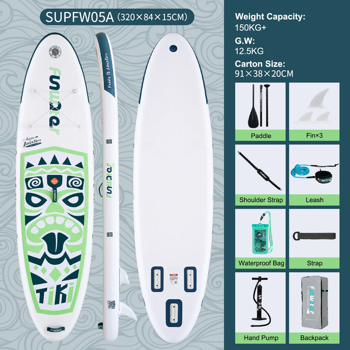 Tabla de Paddle Surf Inflable FunWater SUPFR01E 320cm-350cm, Tabla de Surf Completa con Accesorios, Remo Ajustable, Bomba, Mochila de Viaje ISUP, Correa, Bolsa Impermeable, Tabla de Paddle para Adultos