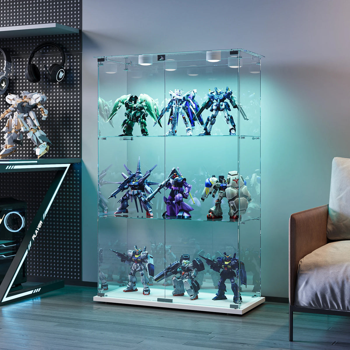 Vitrina de cristal, mueble expositor con iluminación LED, 3 niveles, 2 puertas y cerradura de seguridad, adecuada para salón y dormitorio