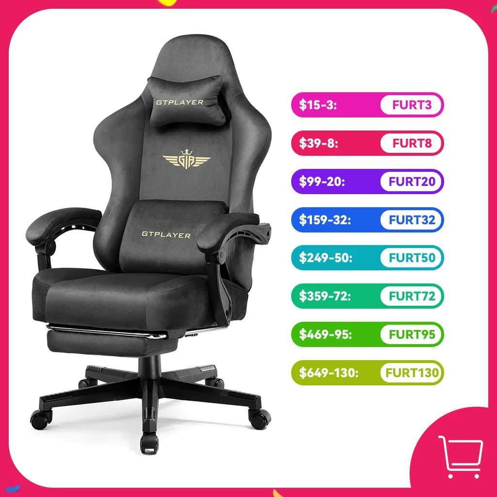 Silla gamer de tela gris oscuro con respaldo alto y cojín con resorte