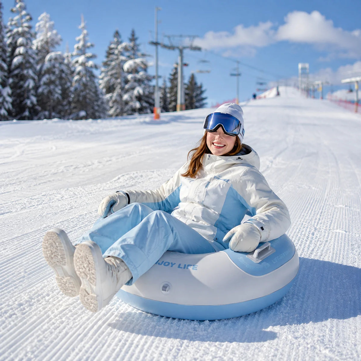Tubo de Nieve Inflable Automático de 34.3 Pulgadas con Respaldo y Asas, Trineo de Nieve Portátil para Jugar en la Nieve al Aire Libre