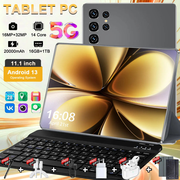 Tableta Android de 10.36 pulgadas, con función de llamada telefónica, Android 13, 16 GB + 1 TB, procesador de 14 núcleos, batería de 20000 mAh, Bluetooth, ideal para estudiar, jugar, trabajar en la oficina, con doble SIM,