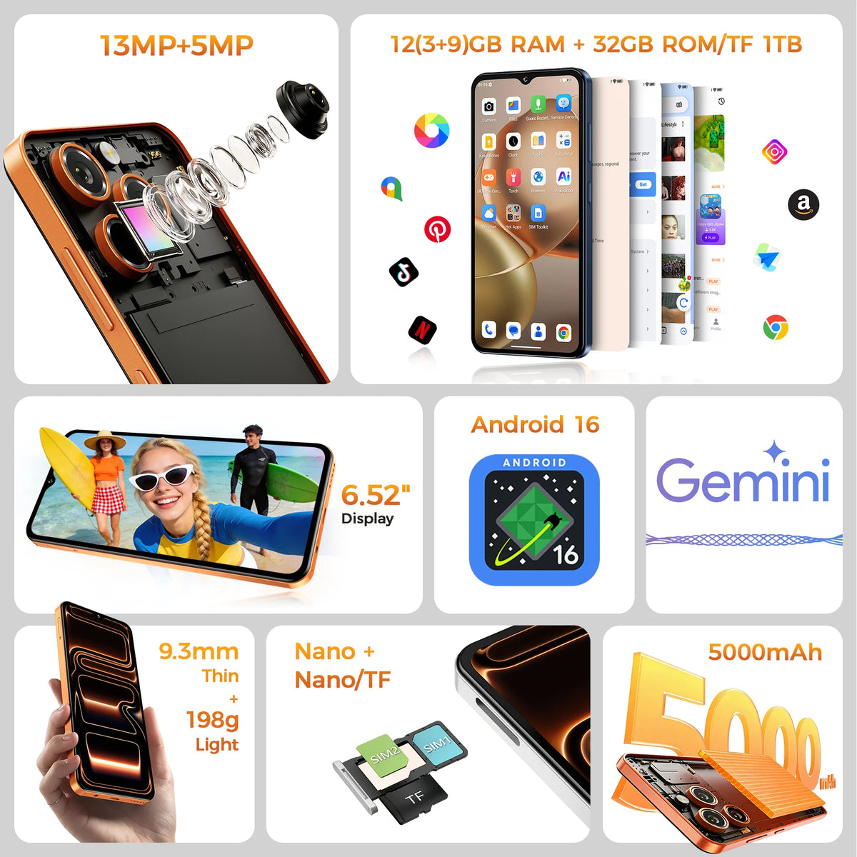 OUKITEL C17, teléfono móvil desbloqueado, Android 16, pantalla de 6,52 pulgadas, 12 GB de RAM (3+9) y 32 GB/64 GB de ROM, batería de 5000 mAh, cámara de 13 MP.