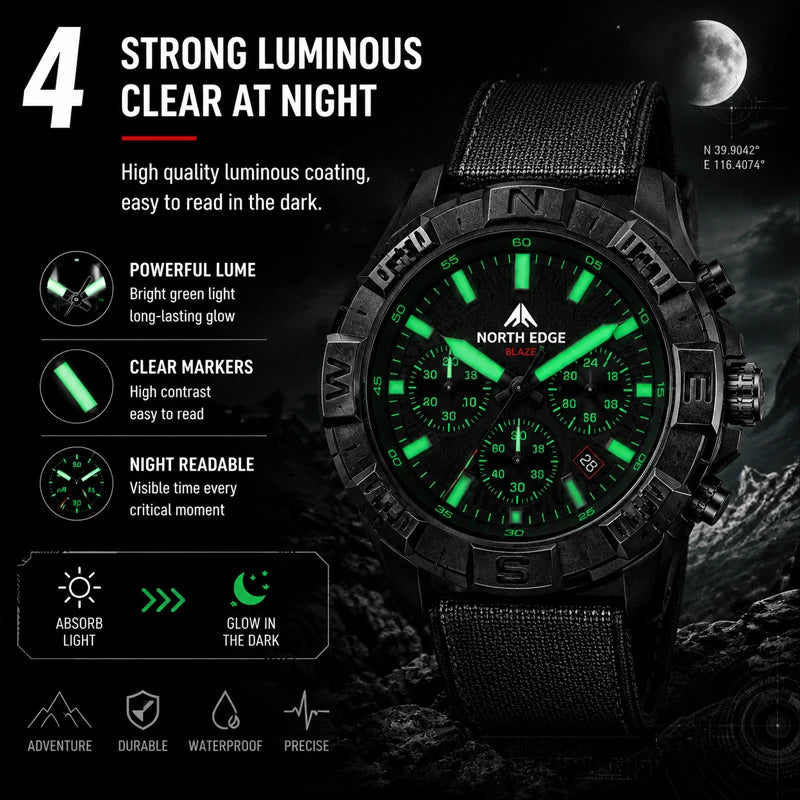 NORTH EDGE BLAZE 2026 Relojes para hombre, energía solar, caja de acero inoxidable 316, reloj de cuarzo para hombre, estilo piloto, resistente al agua 50m, cronómetro