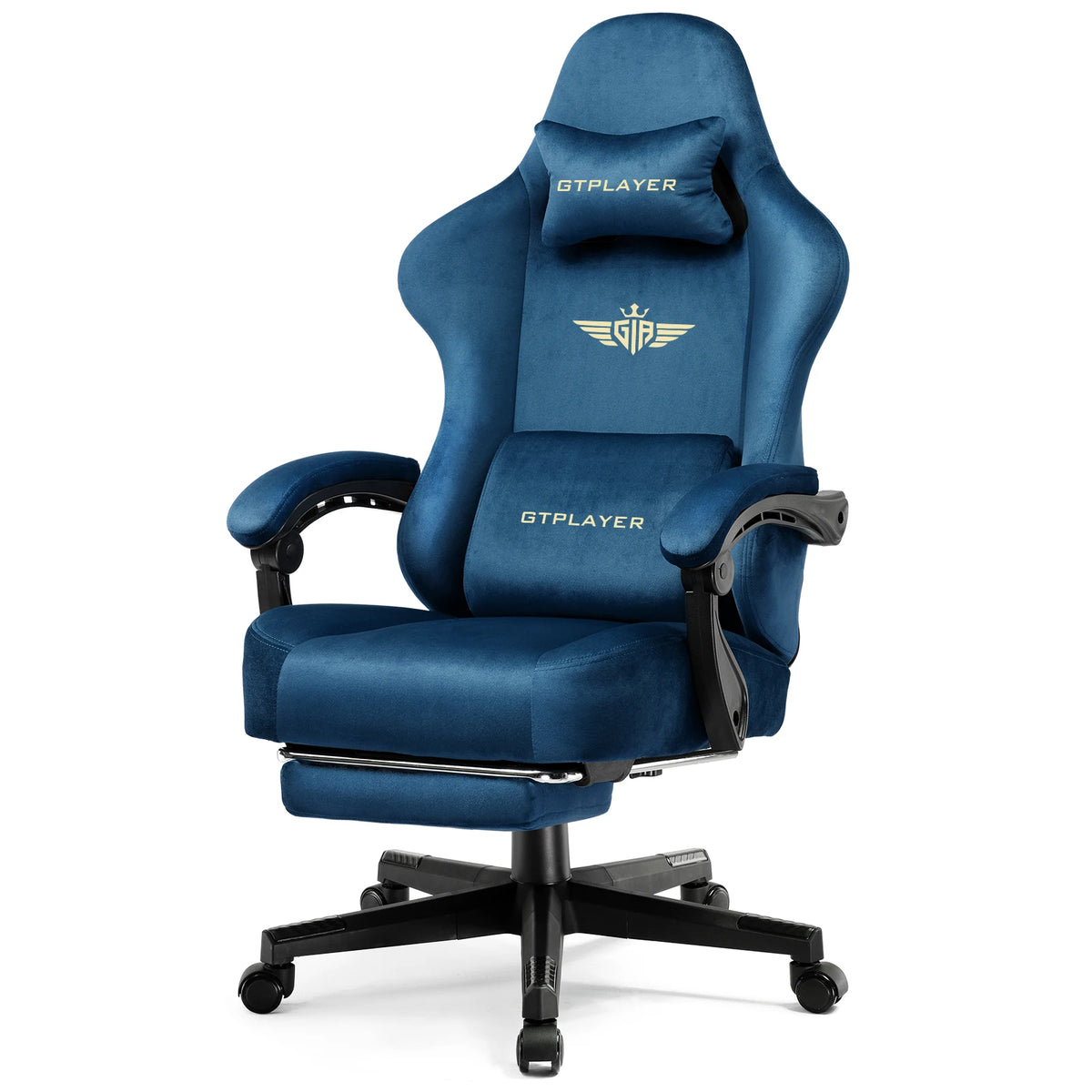 Silla gamer con respaldo alto y reposacabezas, tapizada azul, base con ruedas