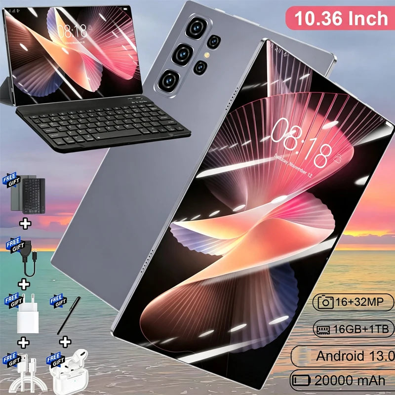 Tableta Android 13 con pantalla de 10.36 pulgadas, procesador de cuatro núcleos, 16 GB de RAM + 1 TB de almacenamiento, batería de 20000 mAh, cámaras frontal de 16 MP y trasera de 32 MP, compatible con SIM y Wi-Fi