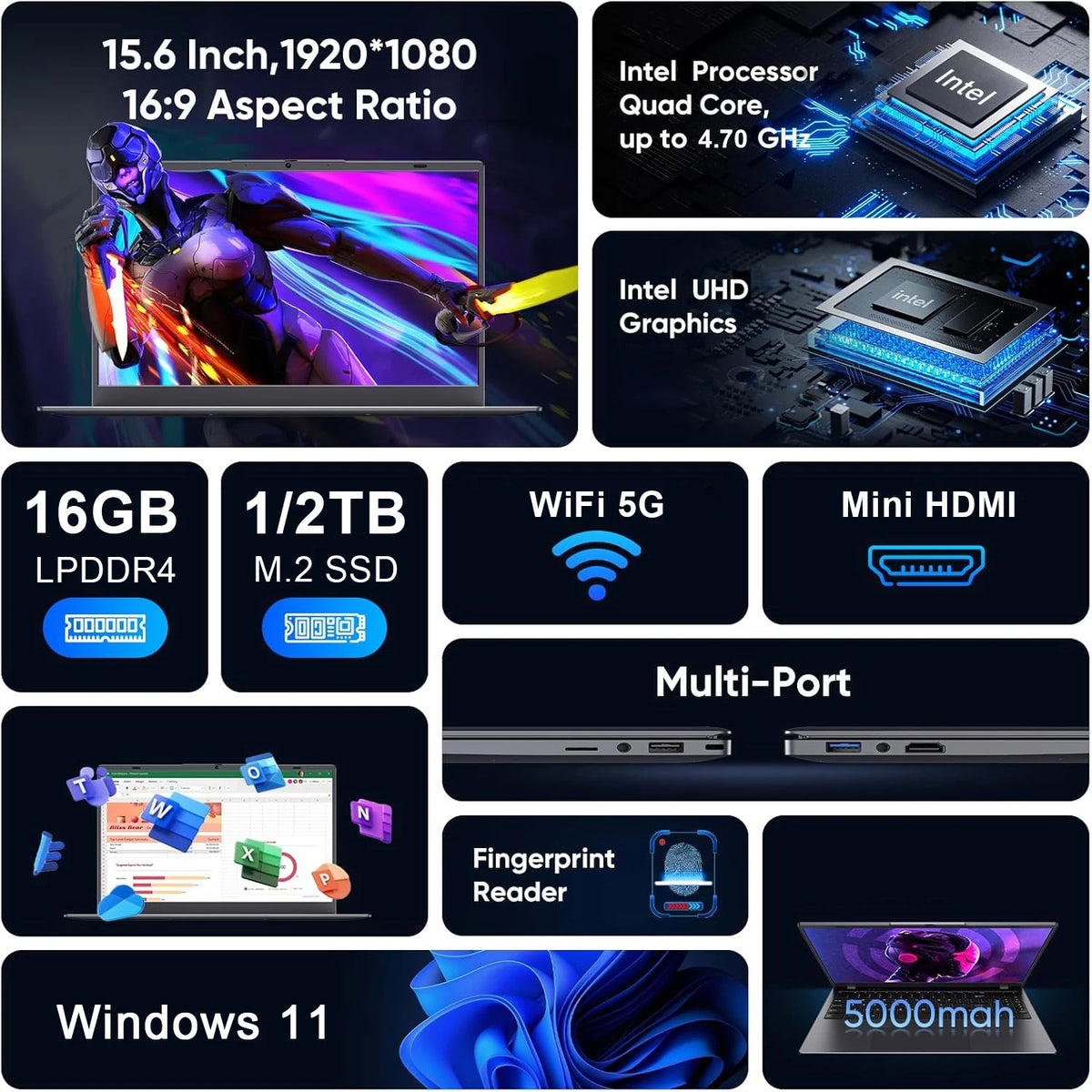 Portátil con procesador Intel Core i7 1165G7, Windows 11 Pro, 16 GB de RAM, SSD de 1 TB o 2 TB, pantalla de 15,6 pulgadas, teclado retroiluminado, desbloqueo por huella dactilar, resolución 1920 x 1080, pantalla 4K HD, PC p