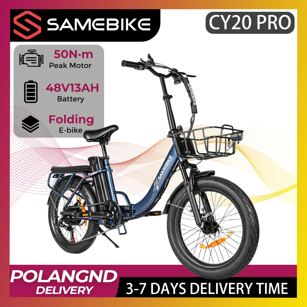 SAMEBIKE CY20 Pro 20-inch Fat-Tire Folding Electric Bicycle | 48V 13A Detachable Battery | Peak 50N·m Hub Motor | All-Terrain Commuting and Off-Road Dual-Purpose | Cargo-Capable Portable E-Bike, Adult Electric Bicycle
