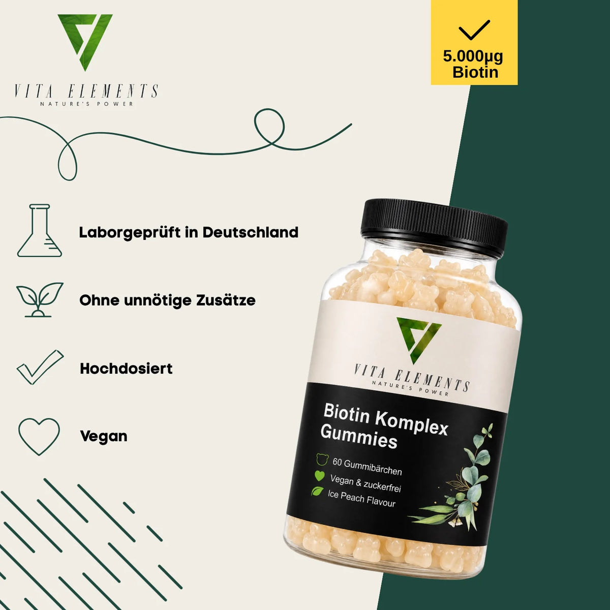Gomitas de Biotina Compleja |     Probado en laboratorio en Alemania |     Suplementos para la salud |     Vitaminas de Belleza |     Con 5.000 µg de biotina |     Sin Adiciones Innecesarias |     Vegano |     60 gomitas |