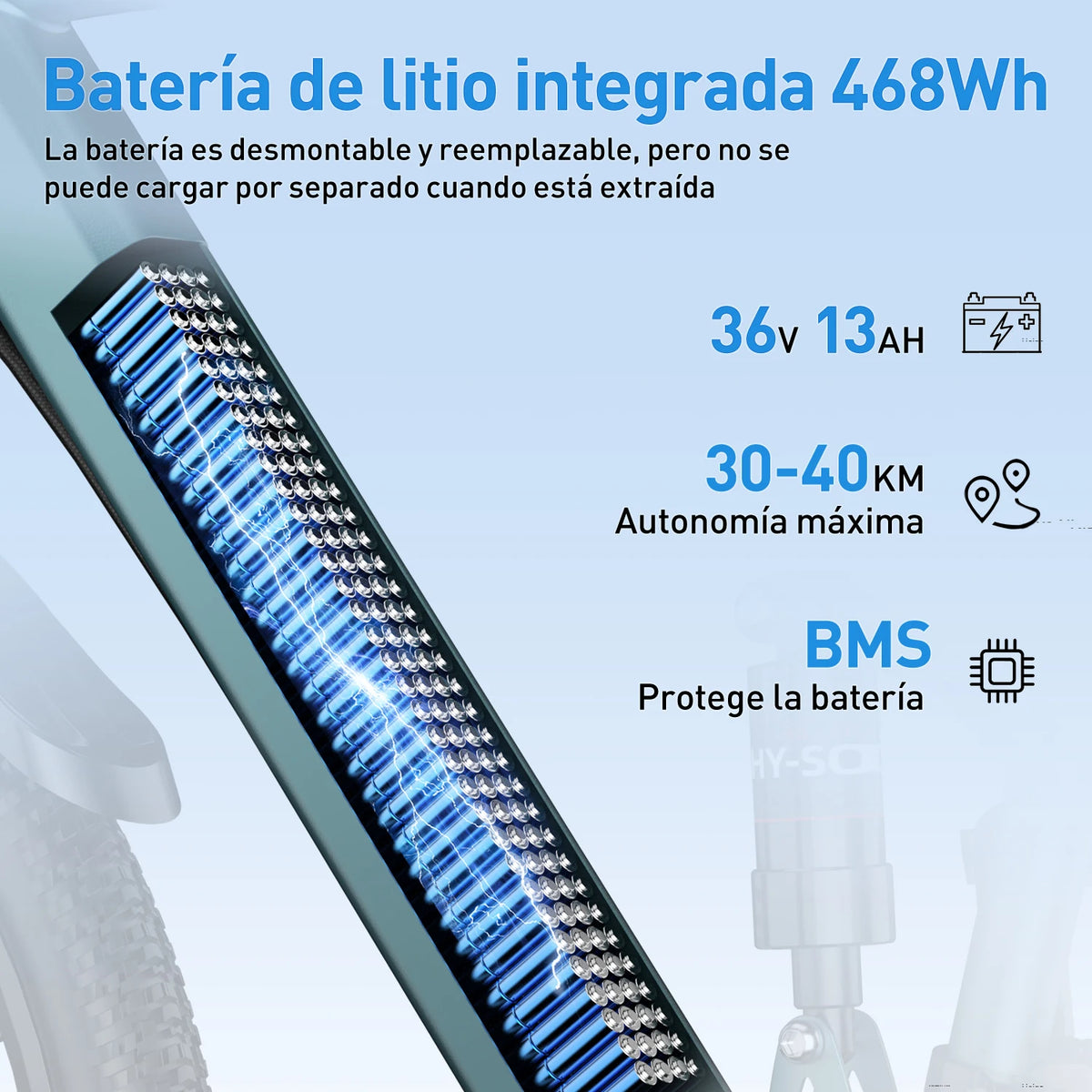 Bicicleta eléctrica de 26" para adultos, batería de 36V 13Ah 468Wh, motor sin escobillas de 250W, 25 km/h con hasta 40 millas de autonomía, transmisión de 21 velocidades, doble suspensión, desbloqueo NFC