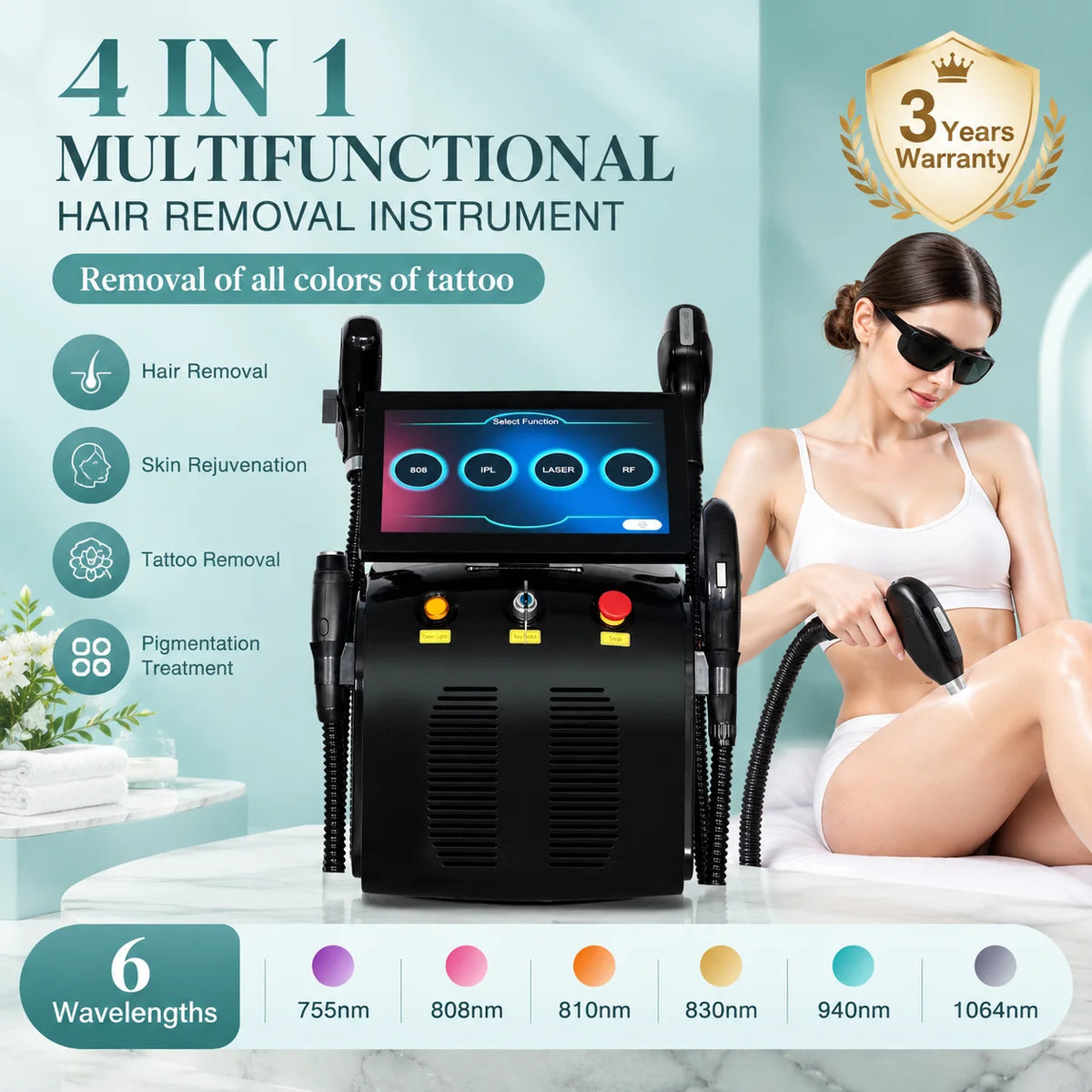 Máquina láser 4 en 1, con función de preencendido FAC, 7000 W, seis longitudes de onda, para la eliminación de vello, tatuajes, rejuvenecimiento de la piel y tratamiento de la pigmentación.