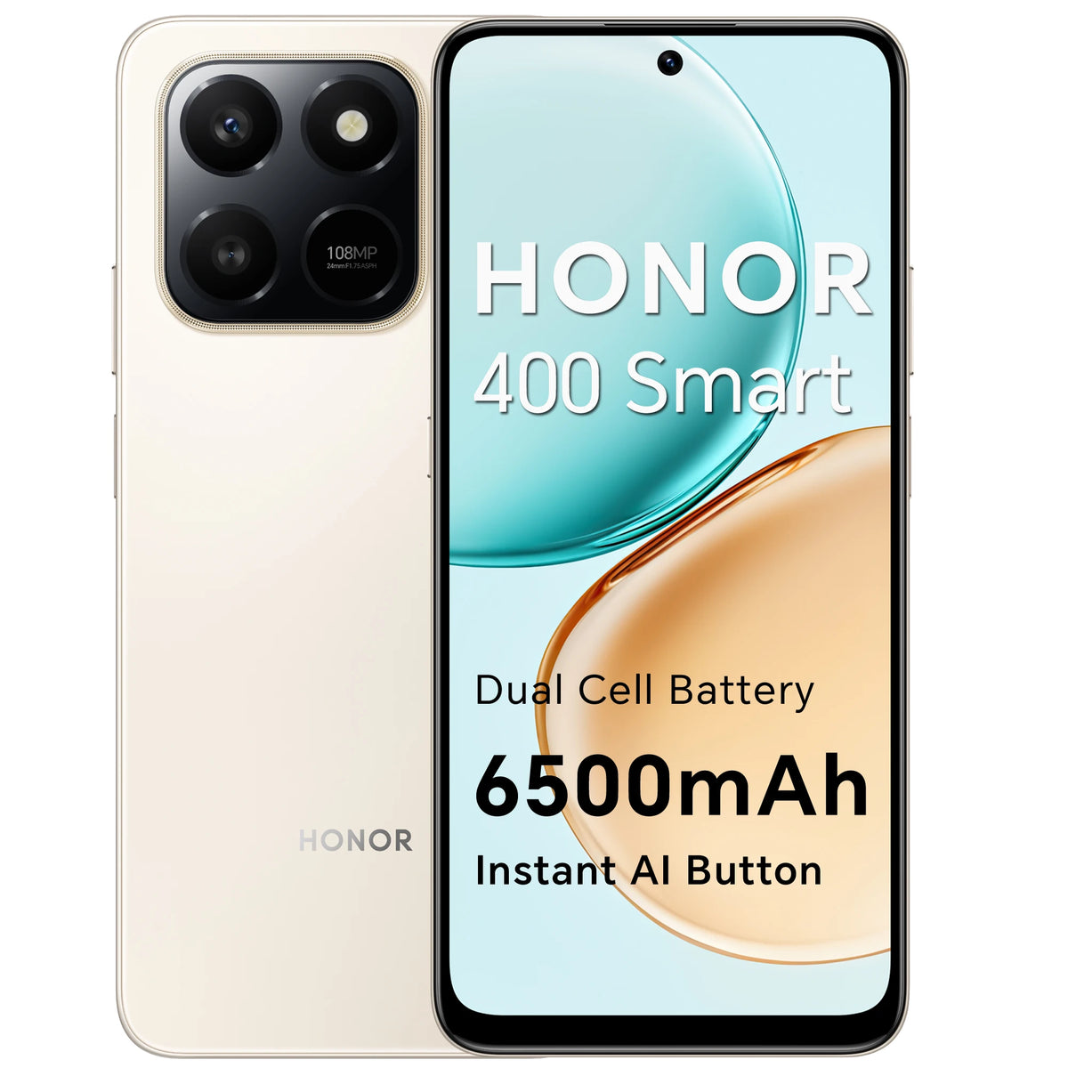 Smartphone HONOR 400 Smart 4G, pantalla de 6.77 pulgadas a 120Hz, 6500mAh, cámara ultra nítida de 108MP, botón AI instantáneo, resistencia a caídas SGS de 5 estrellas, doble SIM (Negro Terciopelo, Dorado Desierto)