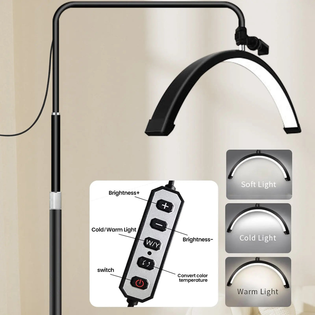 Lámpara LED OWJHE 36W Giratoria con Forma de Media Luna para Pestañas, Luz de Relleno para Fotografía, Lámpara de Pie para Extensión de Pestañas y Belleza