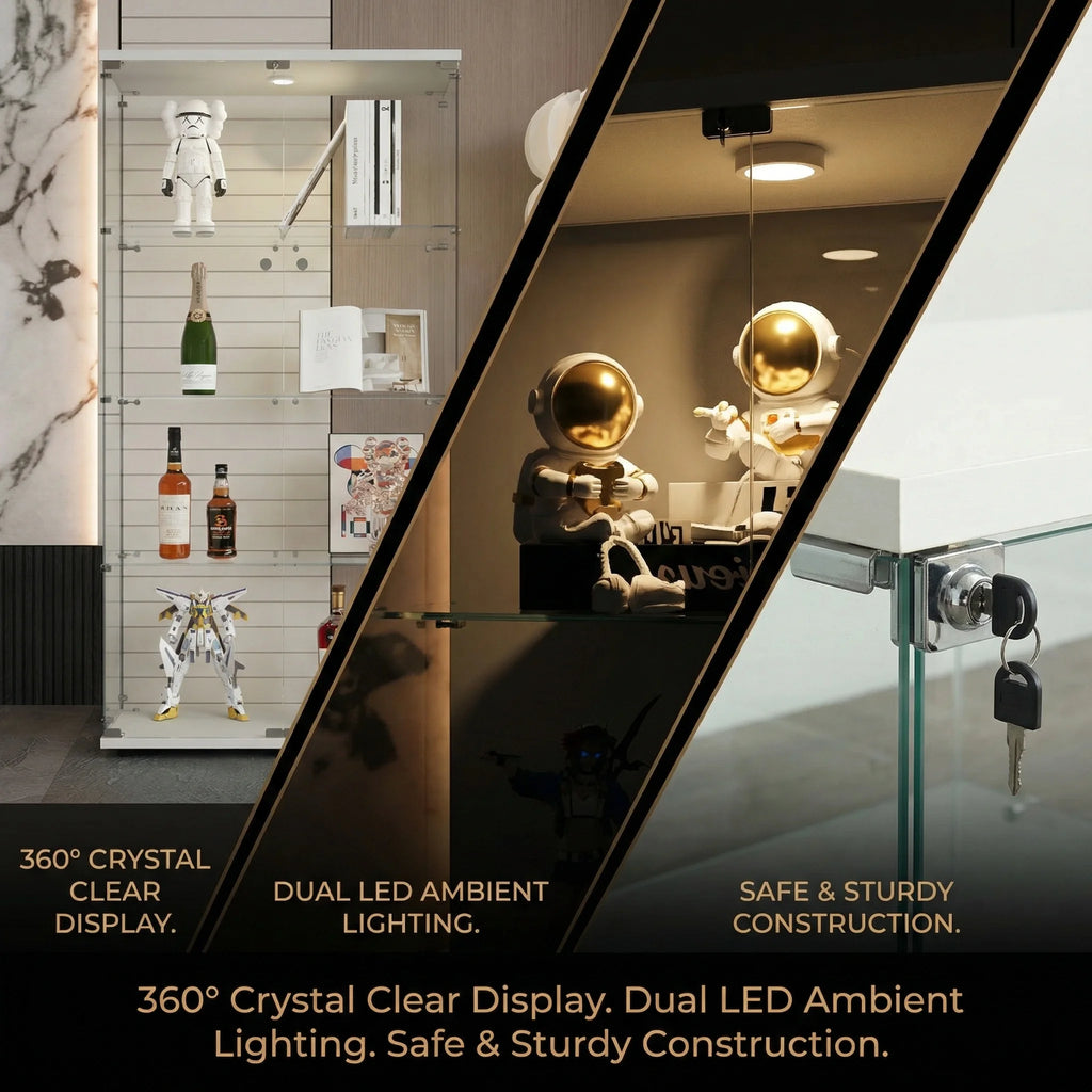 Vitrina de cristal con iluminación LED de 2 puertas, gabinete curio de 4 niveles con estantes de vidrio templado, expositor para coleccionables, figuras, vino o libros para el hogar u oficina