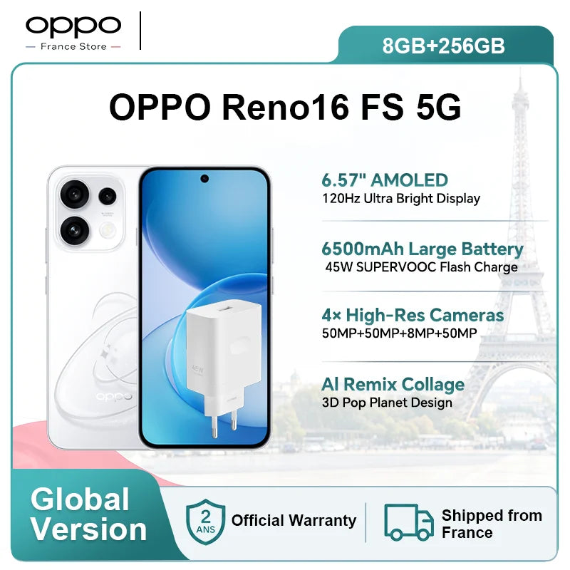 Smartphone OPPO Reno16 FS 5G Versión UE 8GB+512GB, Collage Ai Remix, Cámara Selfie Ultra Gran Angular de 50 MP, ColorOS 16.0, Batería de 6500 mAh, OnePlus