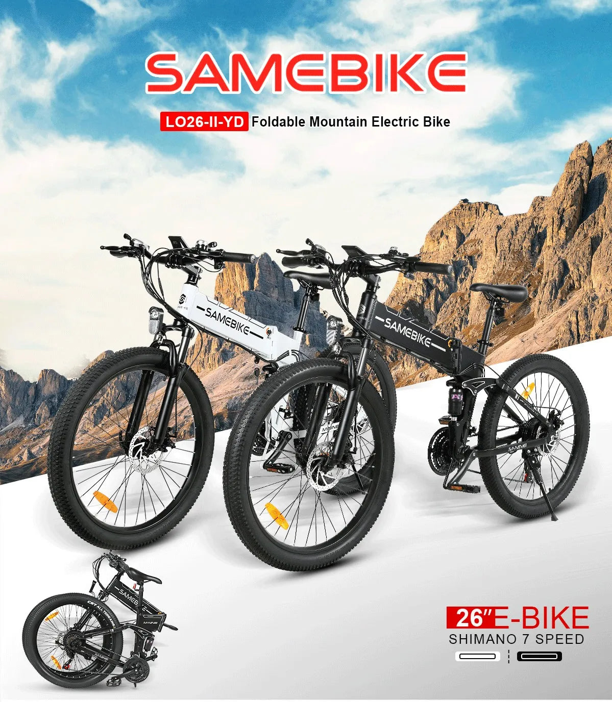 Bicicleta eléctrica de montaña plegable Samebike Lo26-Ii de 26 pulgadas | Batería de litio oculta y extraíble de 48V 14Ah | Cuadro ligero, doble suspensión y frenos de disco hidráulicos delanteros y traseros | Una bicicleta versátil para